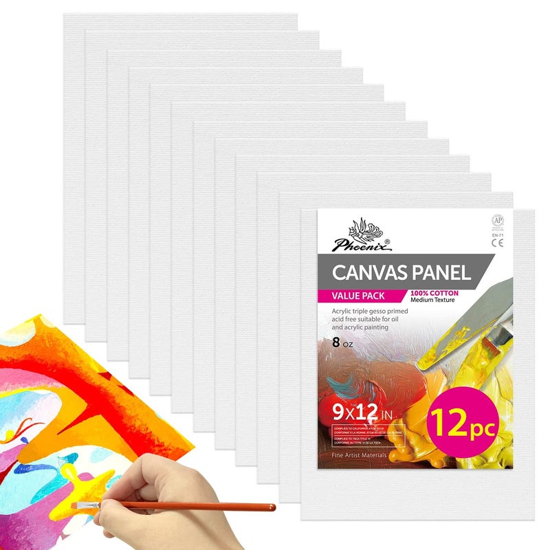PHOENIX Painting Canvas Panels 9x12 Inch, 12 Value Pack - 8 Oz Triple Primed 100% Cotton Acid Free Canvas Boards for Painting, White Blank Flat Canvas Boards for Acrylic, Oil Paints - Image 1